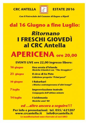 I Freschi Giovedì al Circolo dell'Antella dal 16 giugno a fine luglio 2016